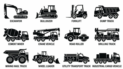 Obraz premium Collection of construction and industrial vehicles, including excavators, bulldozers, and trucks.