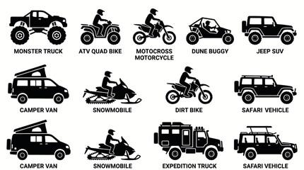 Collection of diverse off-road and recreational vehicles, including monster trucks, ATVs, motorcycles, and expedition vehicles. © yoga