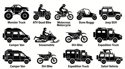 Collection of various off-road vehicles and recreational vehicles, including monster trucks, ATVs, motorcycles, dune buggies, SUVs, camper vans, snowmobiles, and expedition trucks. © yoga