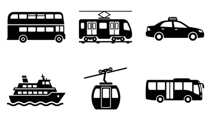 Collection of six different public transportation vehicle icons in black and white silhouette style. © yoga