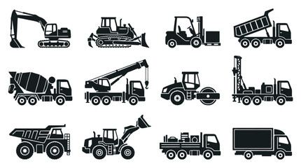 Collection of various construction vehicles and heavy machinery icons in silhouette style. © yoga