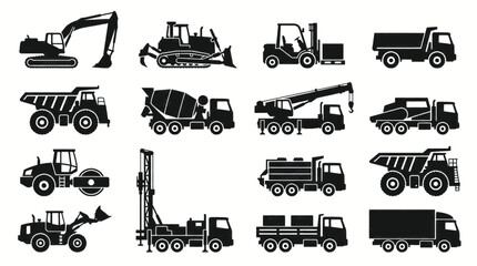 Collection of Black Silhouettes of Construction Vehicles and Heavy Machinery. © yoga