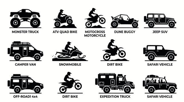 Collection of various off-road vehicles and motorcycles in silhouette style.