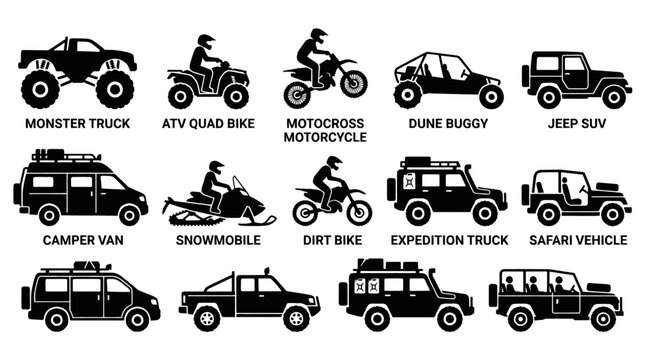 Collection of various off-road and adventure vehicles, including monster trucks, ATVs, motorcycles, and SUVs.