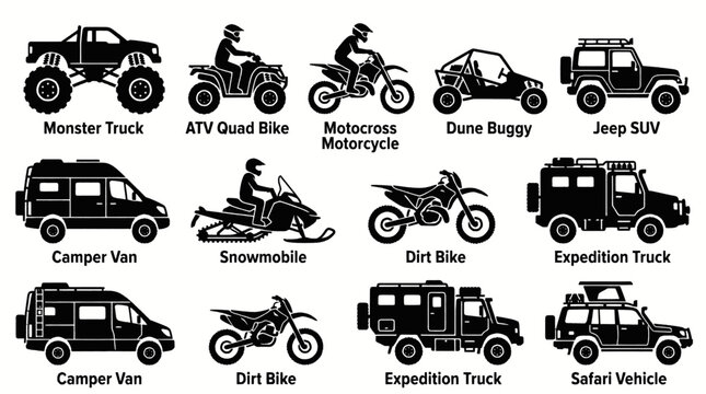 Collection of various off-road vehicles and recreational vehicles, including monster trucks, ATVs, motorcycles, dune buggies, SUVs, camper vans, snowmobiles, and expedition trucks.
