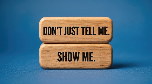 Wooden blocks with 'don't just tell me show me' text on blue background
