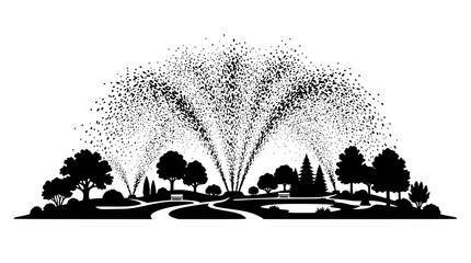 Obraz premium Black and White Silhouette of a Public Park with a Large Fountain