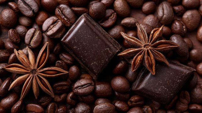Dark Chocolate and Coffee Beans with Star Anise Spices on Wooden Surface for Gourmet Food Lovers and Culinary Enthusiasts