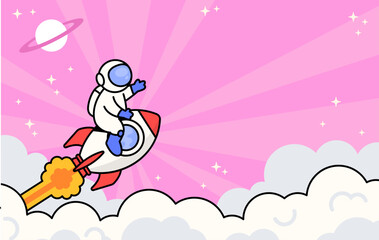 Fototapeta premium Astronaut flying on a rocket above fluffy clouds with stars and planets in a pastel pink sky. Cute cartoon illustration kids, adventure, and space themes vector hand drawn