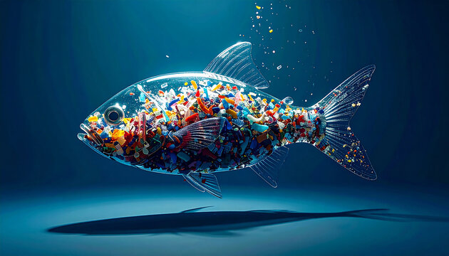 Plastic Pollution in Ocean Depths: A transparent fish swims in deep blue water, its body filled with colorful plastic debris.