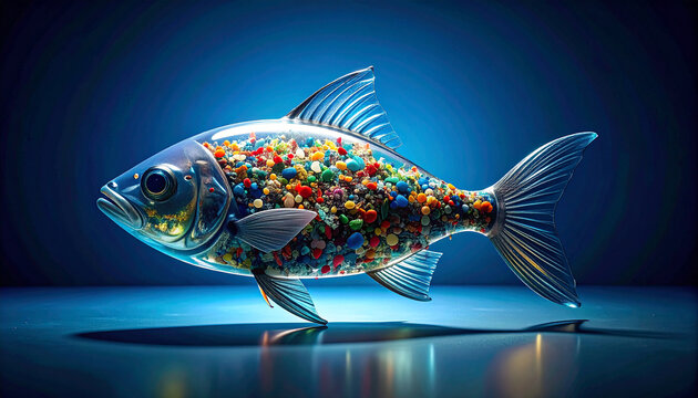 Microplastic Pollution in Fish: A striking artistic representation shows a transparent fish filled with colorful microplastic particles.