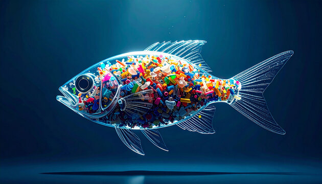 Polluted Fish: A transparent fish filled with colorful plastic waste floats in dark blue water, symbolizing the devastating impact of pollution on marine life.