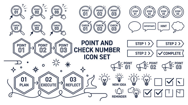 Line art point and check number icon set for business plan execution and project workflow.