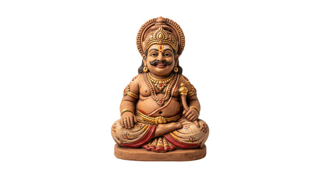 Terracotta statue of lord kubera, the hindu god of wealth, sitting in a meditative pose isolated on transparent background