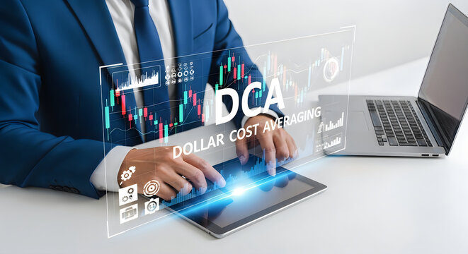 Businessman using a tablet with a digital dollar cost averaging interface