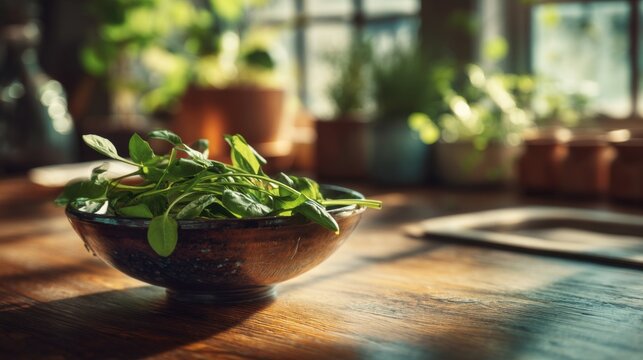 Fresh Green Herb Leaves in a Rustic Bowl on a Wooden Table, Bathed in Natural Light with Beautiful Kitchen Background Elements