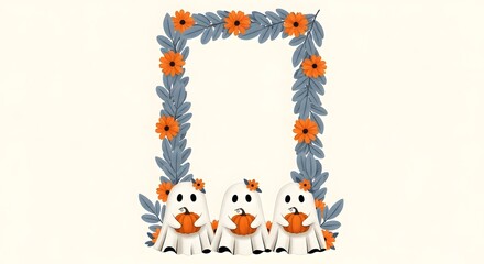 Fototapeta premium Cute ghosts holding pumpkins with floral frame