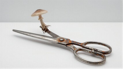 Obraz premium Mushroom grows from rusted scissors, symbolizing nature's resilience and decay.