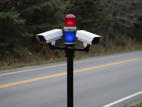 Surveillance Cameras With Red Blue Lights On Roadway License Plate Reader Traffic Monitoring Technology