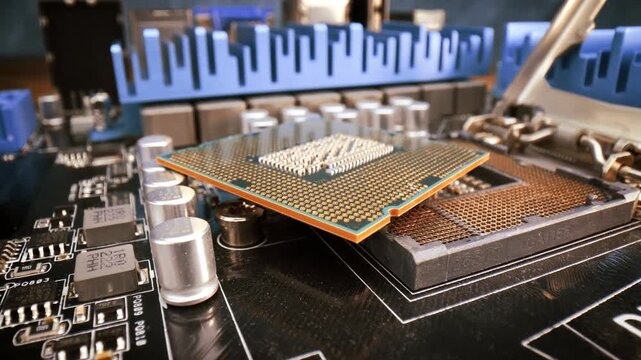 Macro view of central processing unit on computer motherboard showing gold contacts and electronic components.