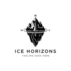 Symmetrical design showing a mountain peak reflecting as an iceberg, framed by compass points. Great for exploration and arctic themes. © Fusion