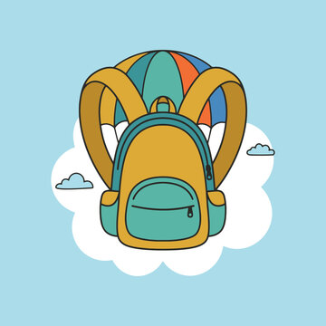 A colorful backpack floating in the sky with a parachute attached