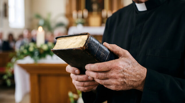 A Catholic priest holding an old holy Bible with gold edges during a religious service inside a traditional church with blurred altar.