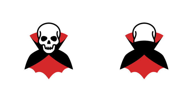 Minimalist vampire skull icons featuring front and back views with red and black cape on white background for Halloween design