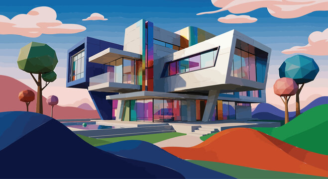 Geometric modern mansion with vibrant prism msea set