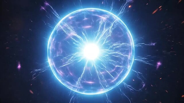 Glowing blue energy sphere with electric lightning bolts in dark space