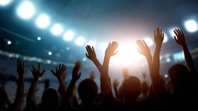 Enthusiastic soccer fans cheering in a crowded stadium at night