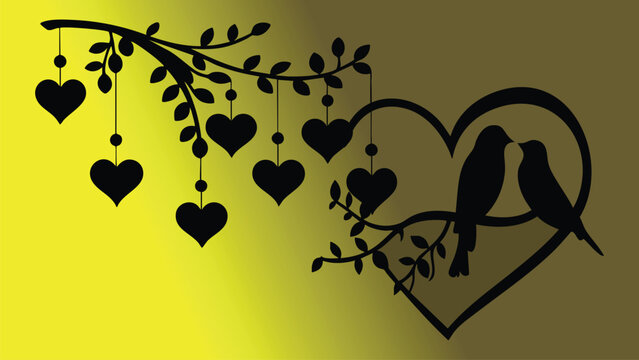   
Silhouette tree branch with leaves hanging hearts large heart outline two birds perched gradient yellow to olive background vector design