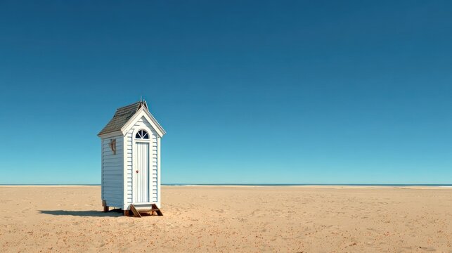 Small wooden changing cabin stands alone on an expansive sunny beach under a clear blue sky