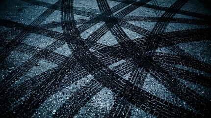 Obraz premium Abstract background of intersecting vehicle tire tracks on dark asphalt