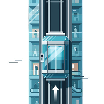 A modern glass elevator moves vertically inside a tall office building structure