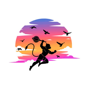 A silhouette of a mythical monkey warrior flying against a colorful sunset sky