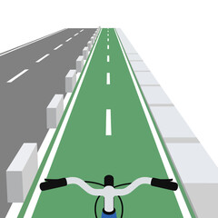 A first person view of riding a bicycle along a dedicated green urban bike lane © johan