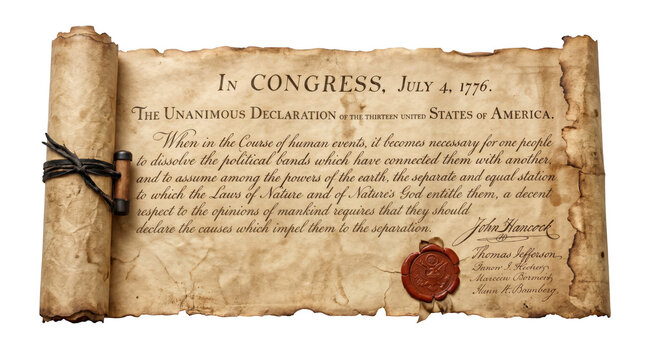 A vintage parchment scroll featuring the text of the united states declaration of independence isolated on transparent background