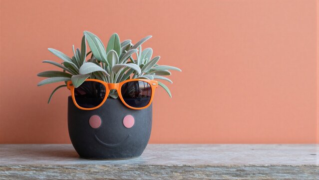 A smiling pot with sunglasses and a plant, set against an orange background.