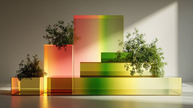 Composition of iridescent rectangular prisms supporting small green plants against a soft illuminated background