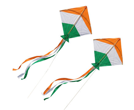 Two indian tricolor kites flying in the sky isolated on transparent background