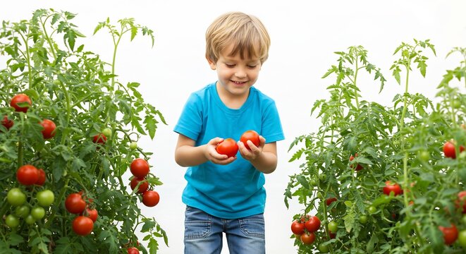 Happy young boy harvesting fresh ripe red tomatoes in a sunny greenhouse garden setting. AI Generated