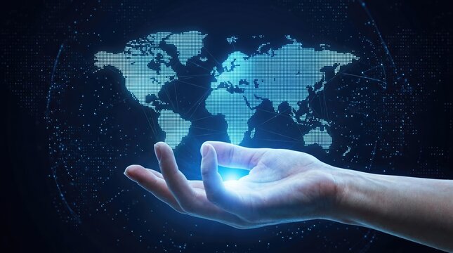 Hand holding glowing blue world map with connections