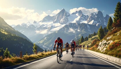 Fototapeta premium Cyclists in red jerseys ride on a mountain road with snow-capped mountains
