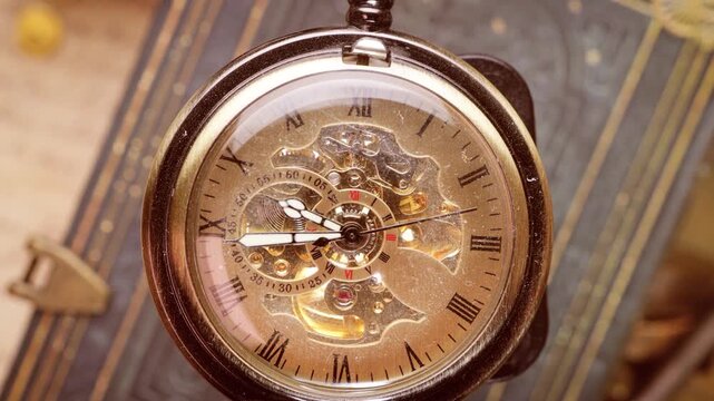 Vintage golden pocket watch with visible mechanical movement rotating on antique book background.