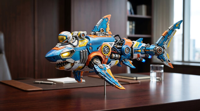 Detailed mechanical shark sculpture displayed on a wooden desk in an office setting, showcasing intricate engineering and robotic design elements