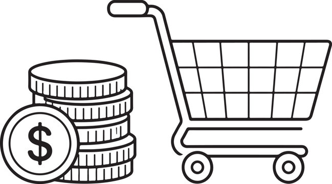Shopping cart with a stack of dollar coins for e-commerce and retail finance icon