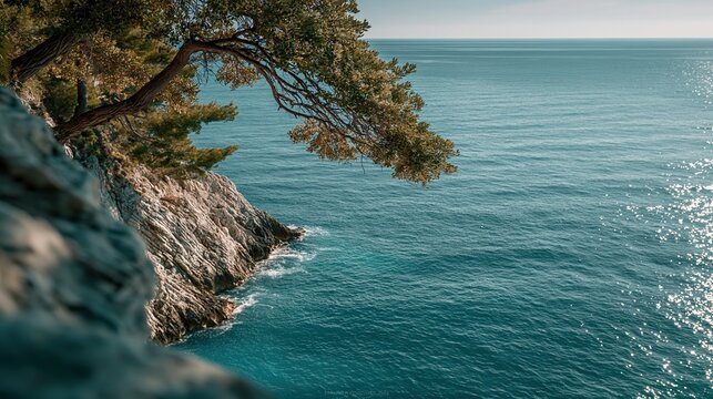 Hot Summer season lifestyle theme. A serene landscape photograph captures a breathtaking view of the ocean from a rocky cliff. The main subject is a solitary tree with lush green foliage.