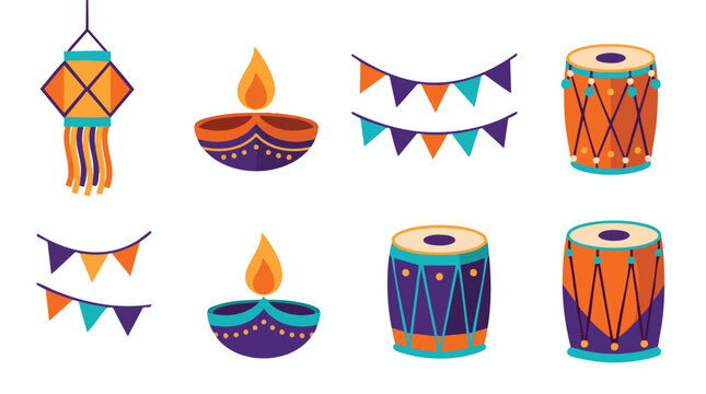 Indian Festival Celebration Vector Elements Set with Diya and Drums