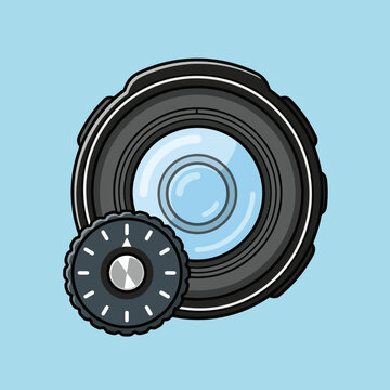 A stylized illustration of a camera lens with a control dial